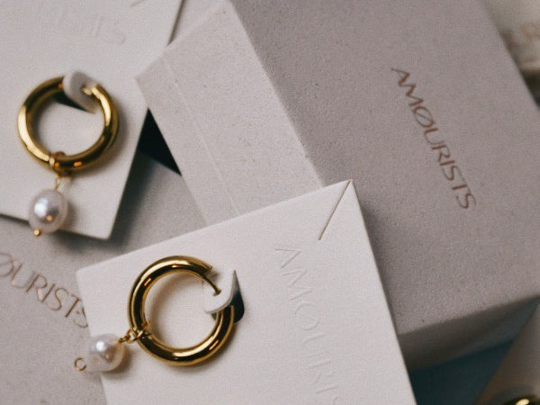 Pearl Medium Gold Hoop Earrings, Gold plated, waterproof, on sustainable paper cards and packaged in eco-friendly materials.
